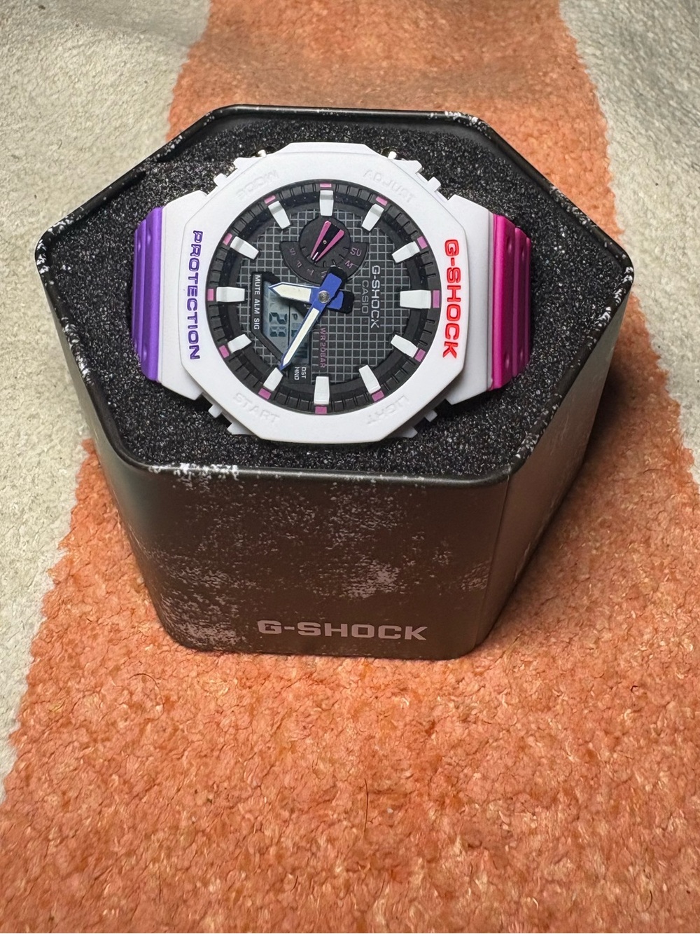G-Shock White Watch with Purple and Pink Strap Accents